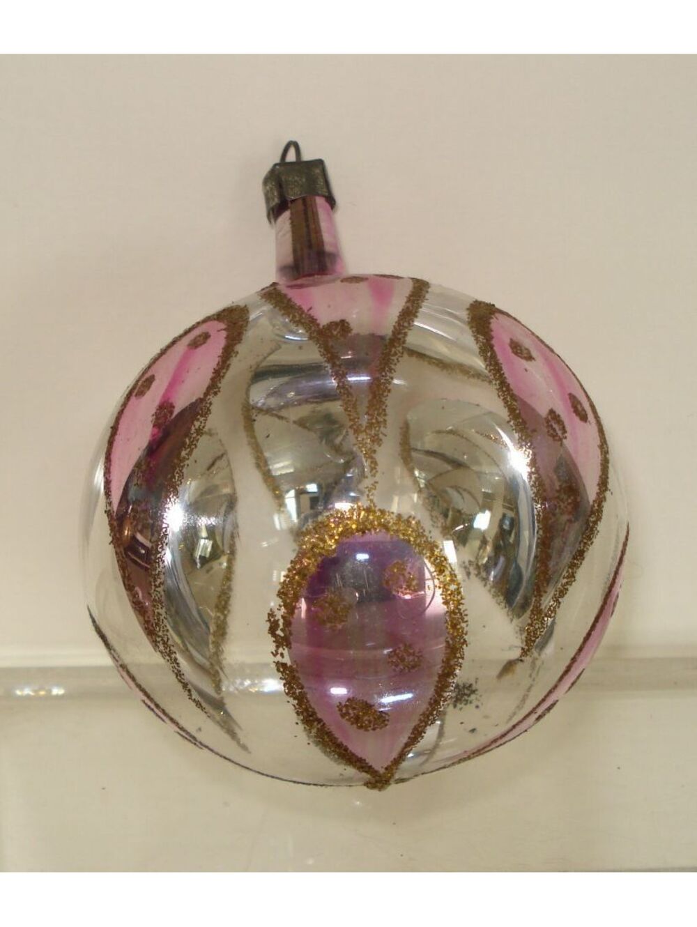 Vintage 1970's Pink and Gold Stained Glass Look Christmas Ornament